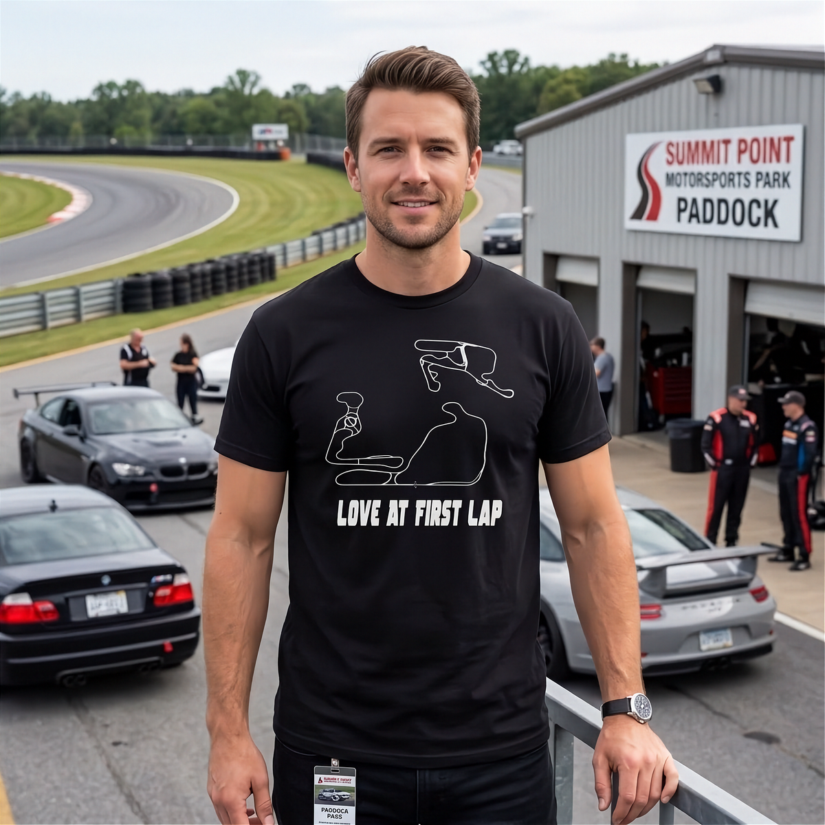 A man standing on a racetrack wearing a black t-shirt with a white line-art graphic of a race car and the text 'LOVE AT FIRST LAP'. The background shows a gray building with a sign reading 'SUMMIT POINT MOTORSPORTS PARK PADDOCK', race cars, and track staff.