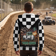 Man watching Legends cars on a dirt oval, showing the personalized car, name, and number design on his jacket back.