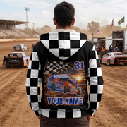 Man wearing a dirt modified sherpa jacket with checkered sleeves and hood, showing number 31 and “YOUR NAME” back artwork.