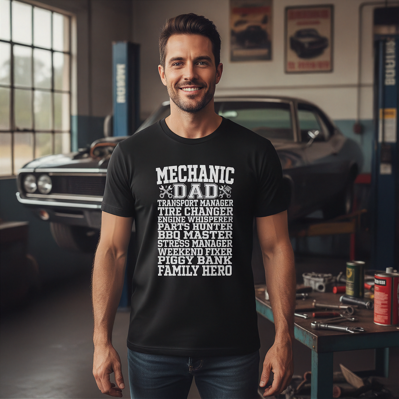 Man wearing a black t-shirt with white MECHANIC DAD in a garage setting