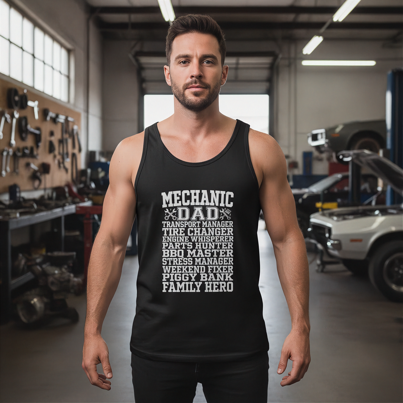 Man wearing a black tank top with Mechanic dad in a garage setting