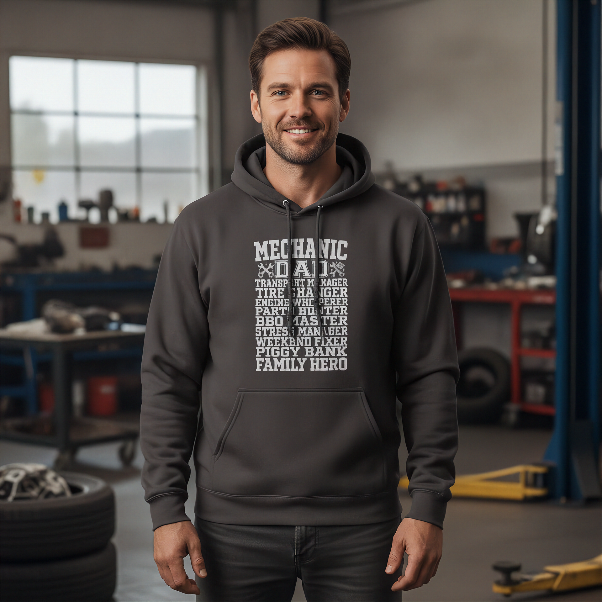 Man wearing a hoodie with mechanic dad in a garage setting