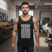 Man wearing a black tank top with mechanic dad in a garage setting