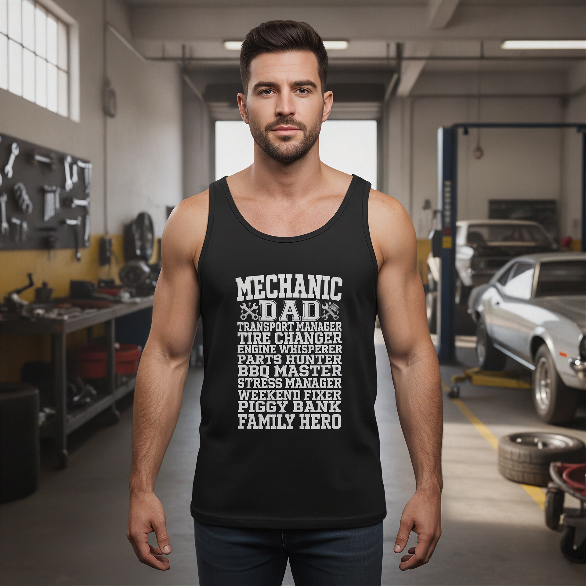 Man wearing a black tank top with mechanic dad in a garage setting