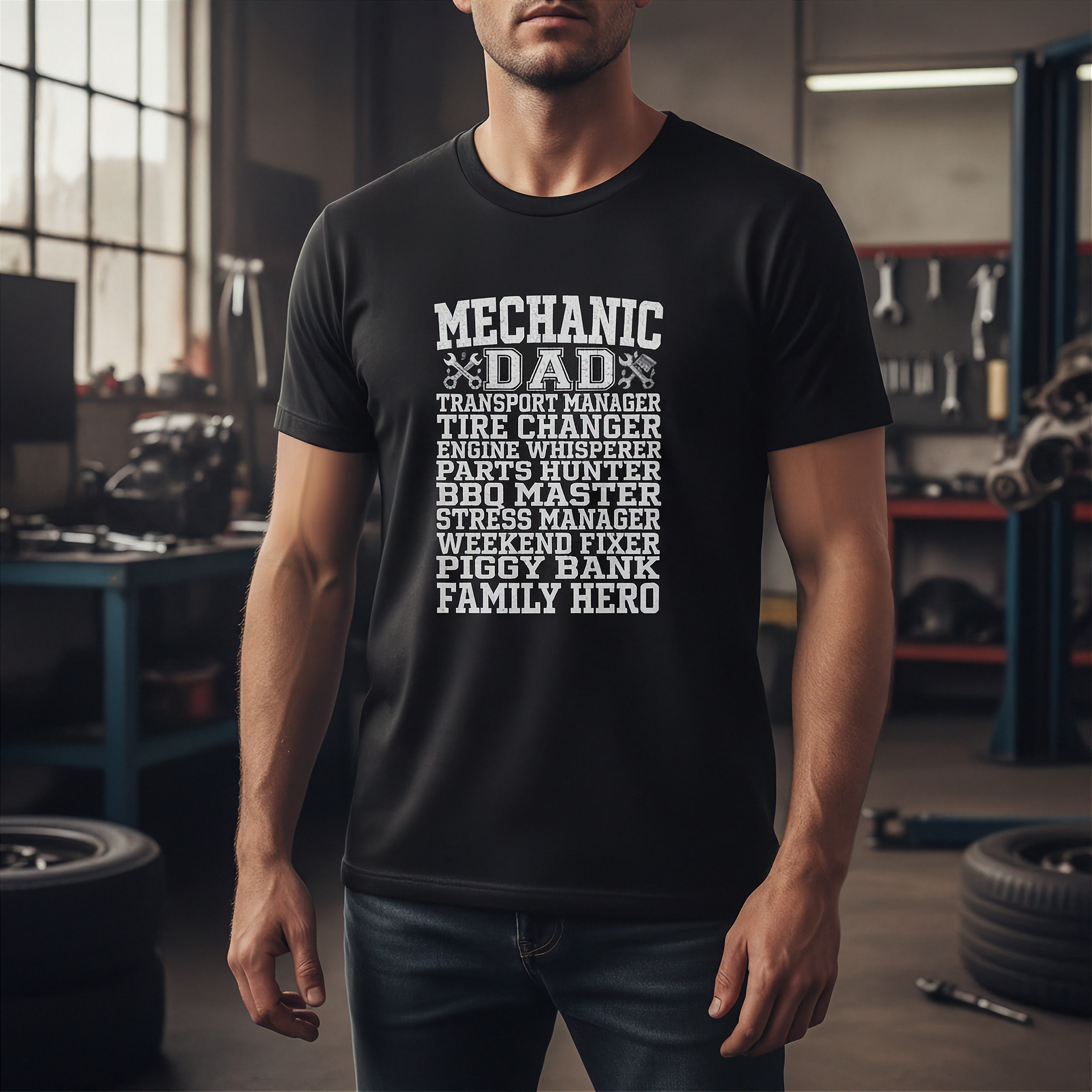 Person wearing a black t-shirt with white mechanic dad in a workshop setting
