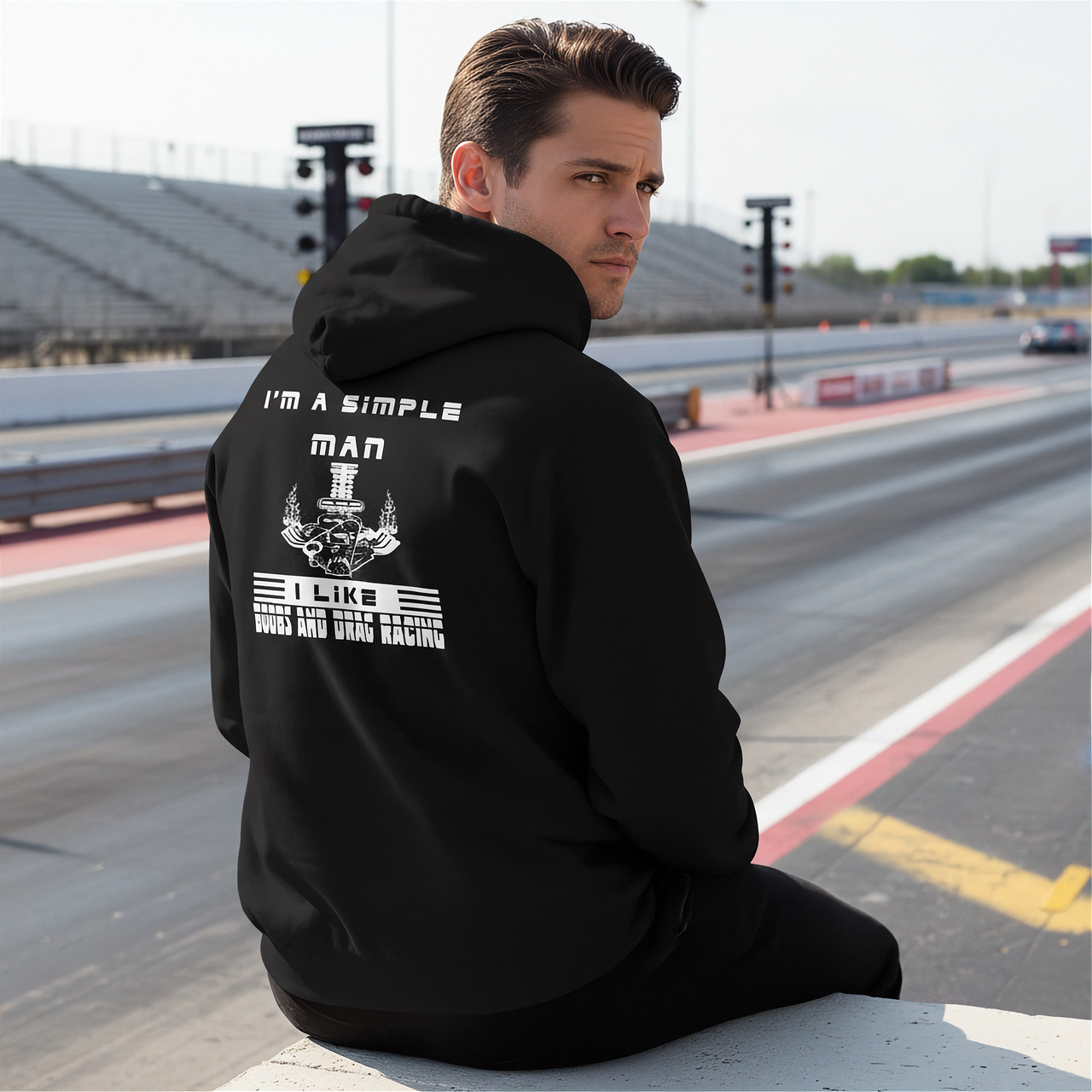 Men's premium graphic apparel featuring the minimalist "I'm A Simple Man Drag Racing" design, available in high-quality t-shirts, sweatshirts, and hoodies.