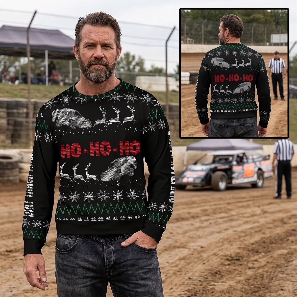 A man wearing a black Christmas sweater with a holiday rally pattern, shown in a dirt track racing environment with an inset image showing the back of the sweater.