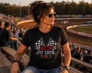 Mom Pit Crew apparel collection featuring premium women's t-shirts, lightweight racerback tanks, soft v-necks, and cozy fleece hoodies designed for racing families.