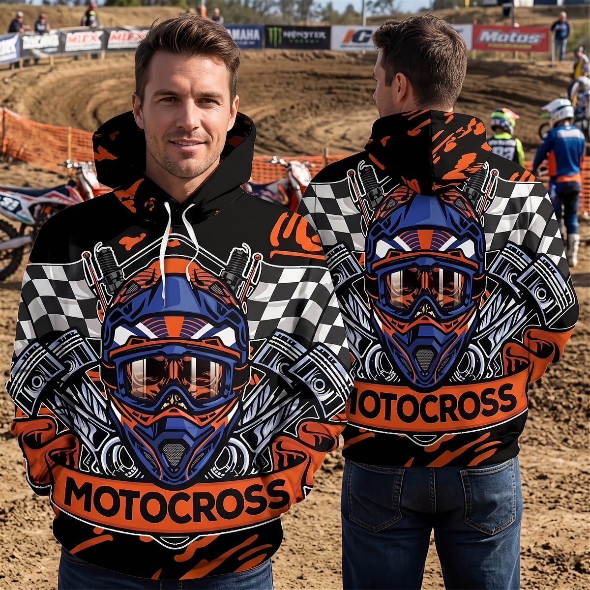 Two men modeling a black, orange, and blue motocross-themed hoodie, showing both the front and back views in an outdoor dirt track setting.