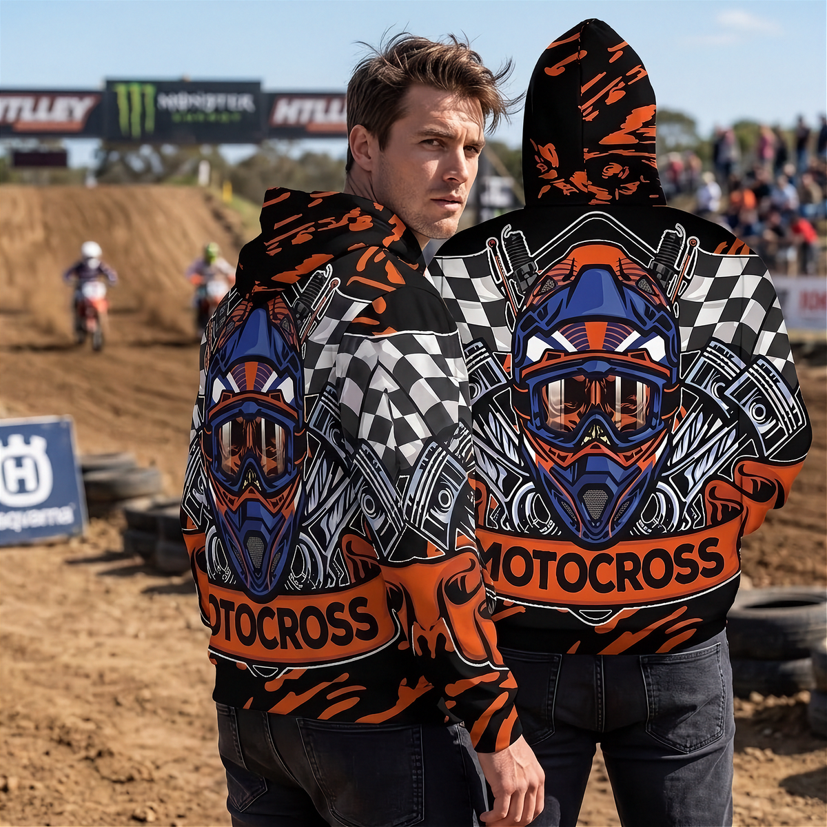 A man wearing a black hooded sweatshirt with an all-over motocross-themed graphic print, shown outdoors on a dirt track. The hoodie features a large blue and orange helmet graphic on the front, checkered flag patterns, and 'MOTOCROSS' text.