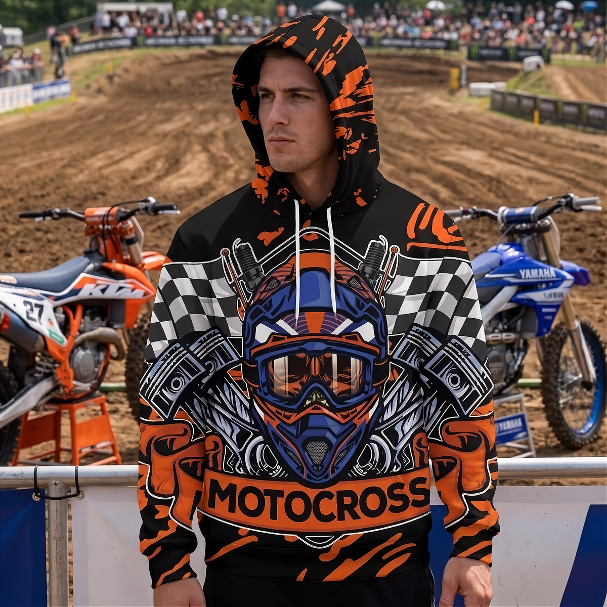 A man wearing a black and orange motocross hoodie stands in front of a dirt track with two motocross bikes, one orange and one blue, in the background. The hoodie features a large graphic of a motocross helmet and the word 'MOTOCROSS' across the front.