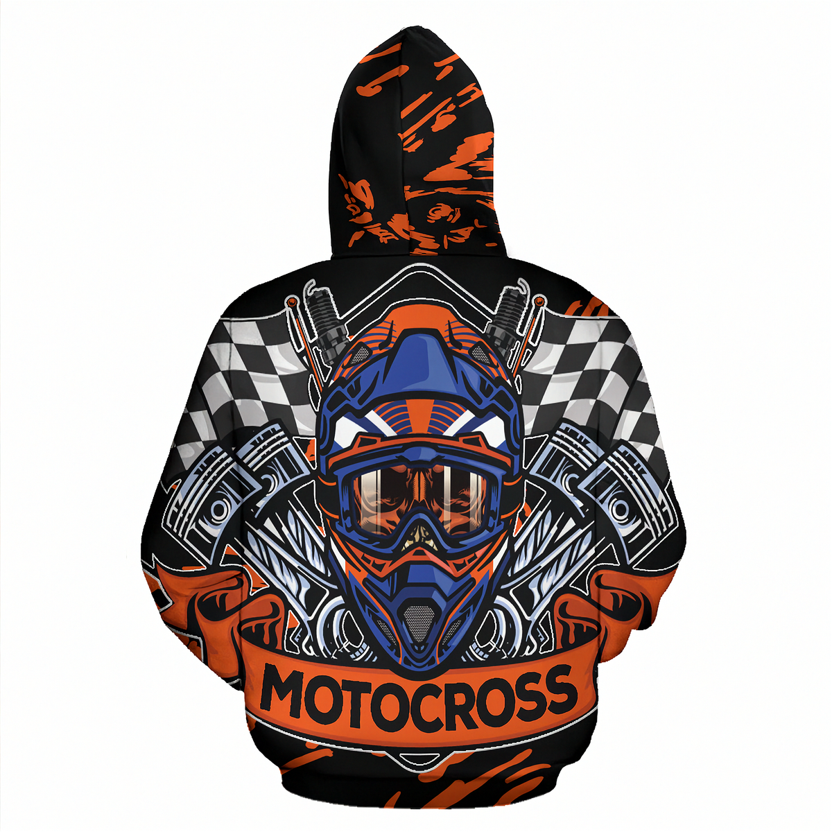 A black pullover hoodie featuring a large motocross graphic on the front. The design includes a blue and orange motocross helmet, crossed pistons, checkered flags, and the word 'MOTOCROSS' in bold orange letters across the lower front.