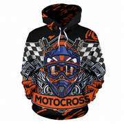 A black pullover hoodie featuring a detailed motocross graphic print. The design includes a blue and orange motocross helmet in the center, checkered flag patterns on the shoulders, metallic engine parts, and the word 'MOTOCROSS' printed on an orange banner at the bottom.