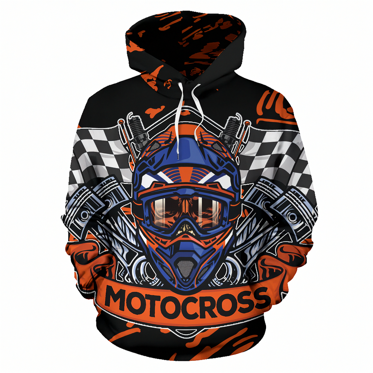 A black pullover hoodie featuring a detailed motocross graphic print. The design includes a blue and orange motocross helmet in the center, checkered flag patterns on the shoulders, metallic engine parts, and the word 'MOTOCROSS' printed on an orange banner at the bottom.