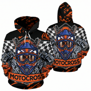 A front and back view of a black pullover hoodie featuring a motocross graphic print in orange, blue, and white, with checkered patterns and the word 'MOTOCROSS' on the front and lower back.