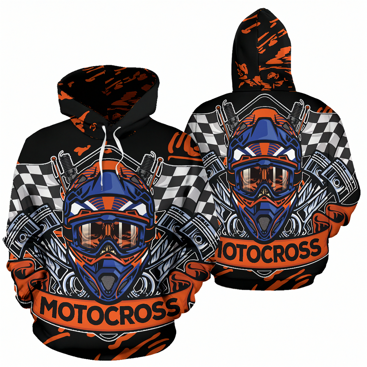 A front and back view of a black pullover hoodie featuring a motocross graphic print in orange, blue, and white, with checkered patterns and the word 'MOTOCROSS' on the front and lower back.
