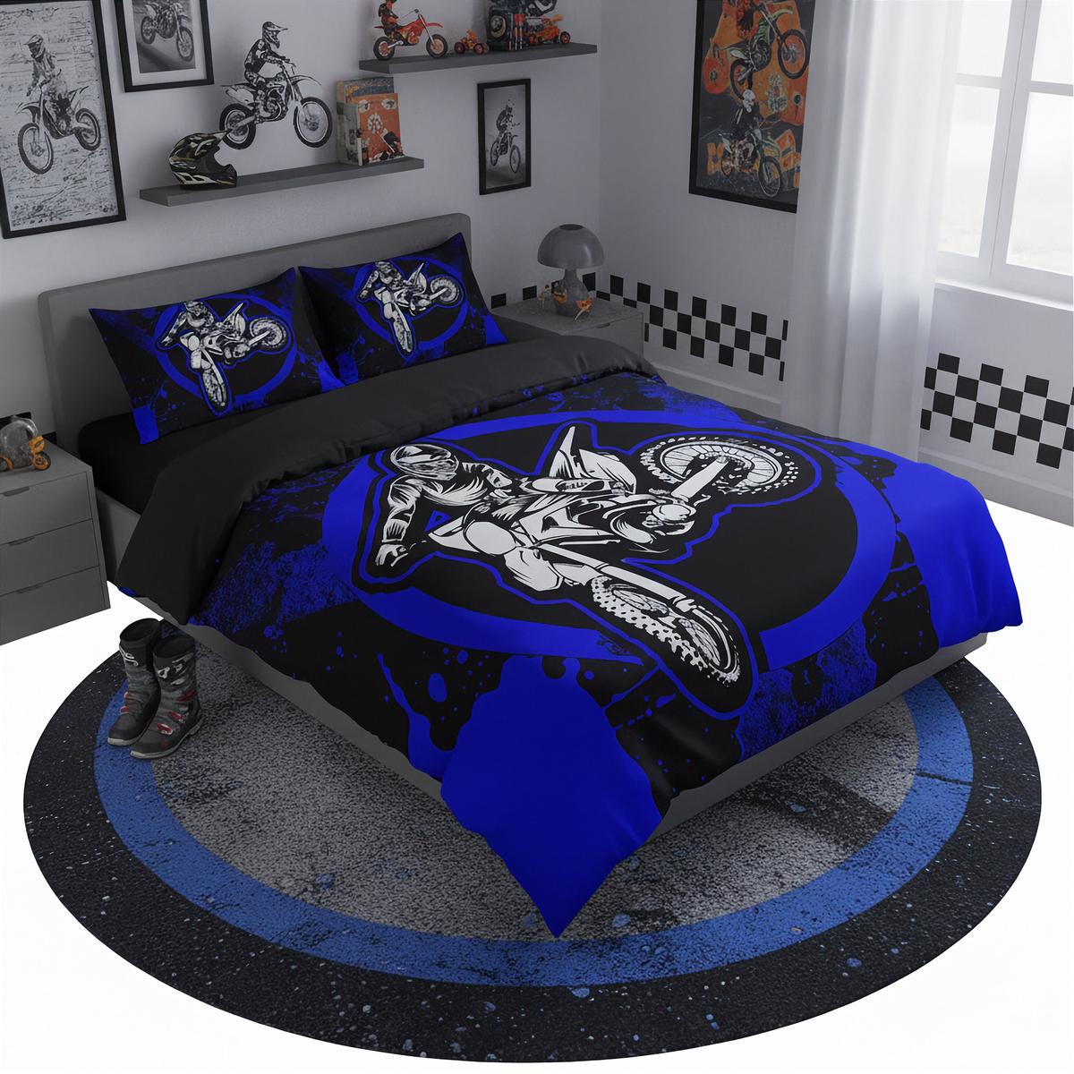 A motocross-themed bedding set featuring a duvet cover and two pillowcases with a large black, blue, and white dirt bike graphic, styled in a modern bedroom setting.
