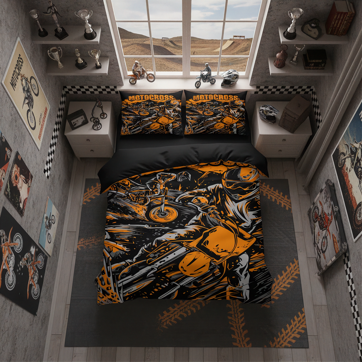 Motocross Bedding Set | Bold Orange MX Design | Dirt Bike Bedroom Decor | RIIMB