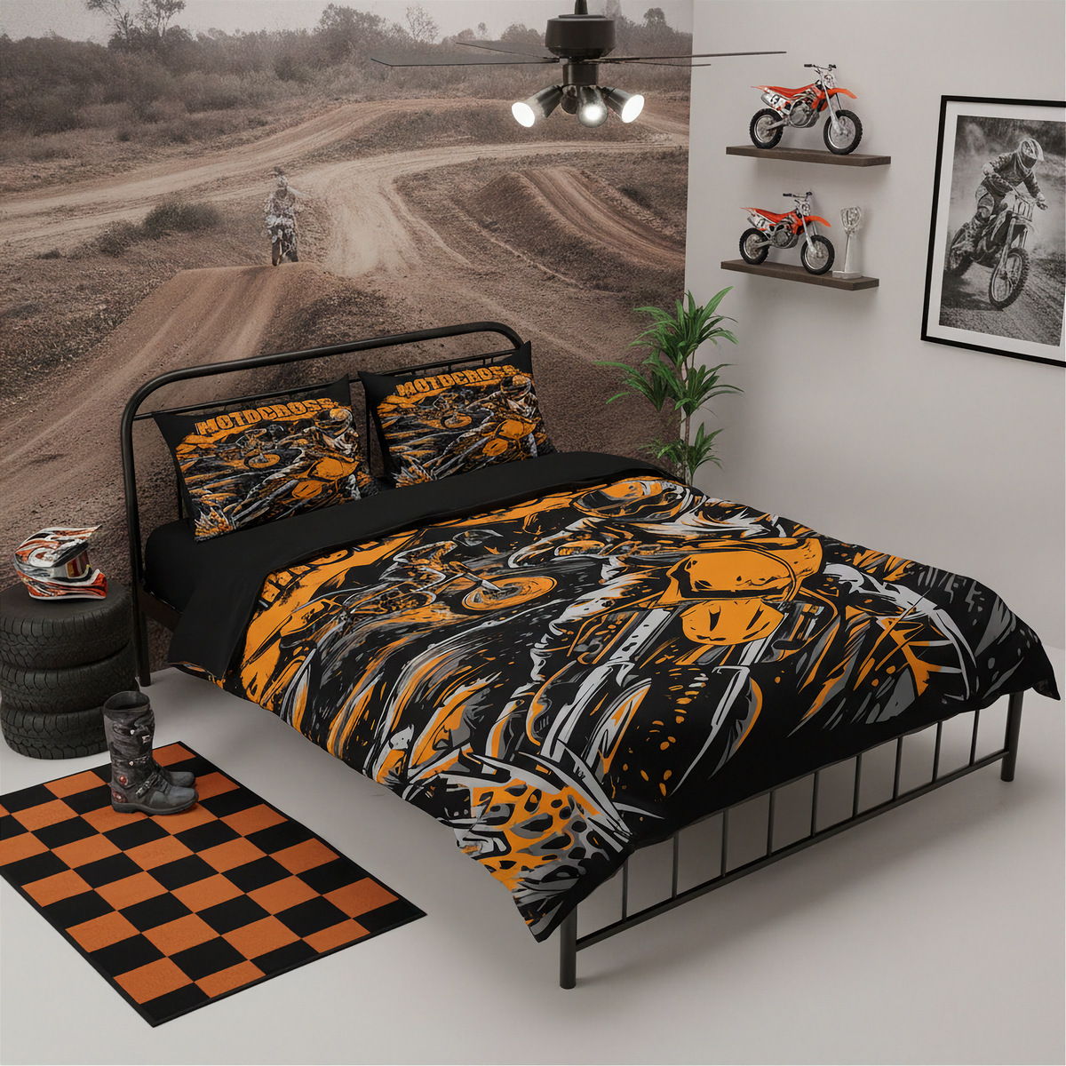 Motocross Bedding Set | Bold Orange MX Design | Dirt Bike Bedroom Decor | RIIMB