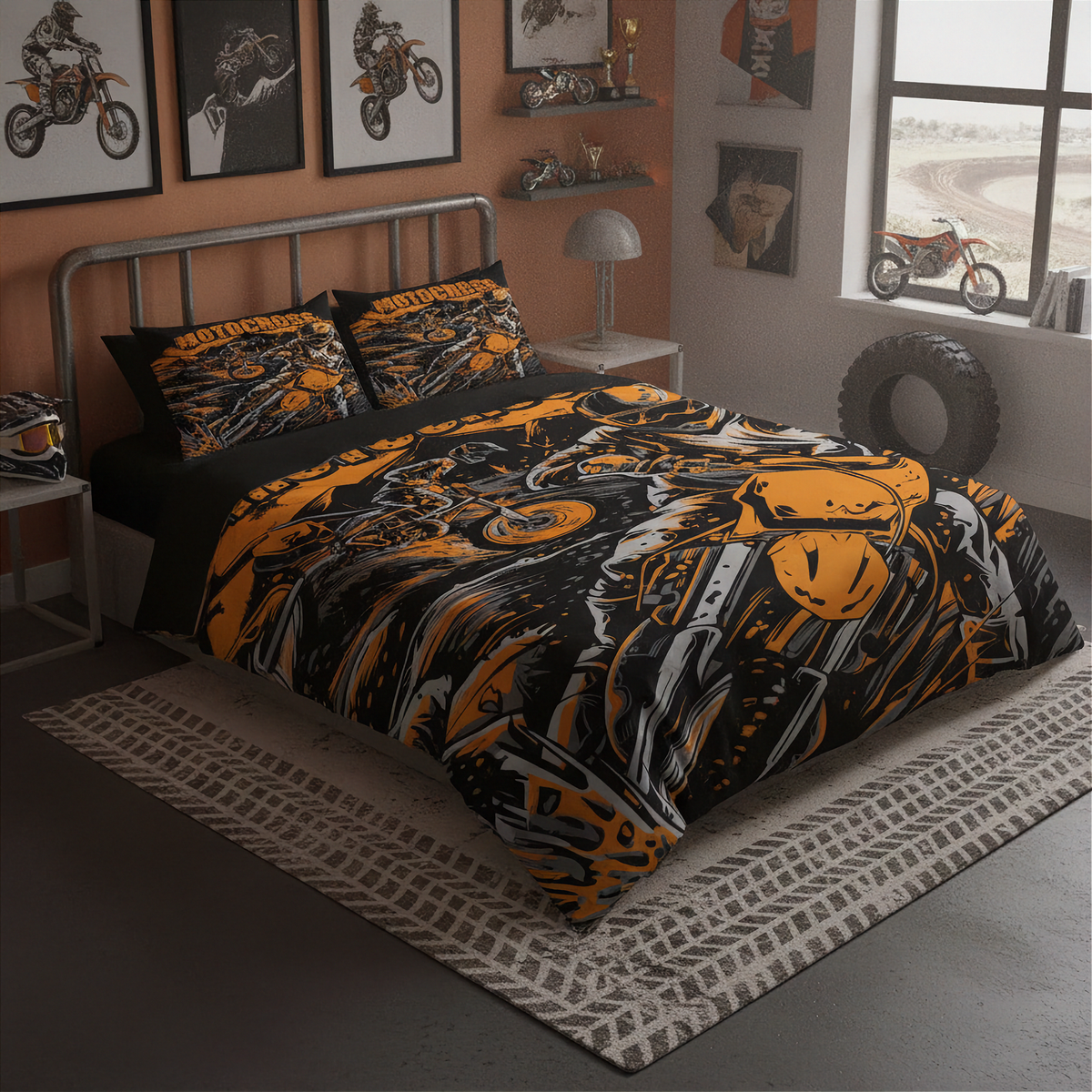 Motocross Bedding Set | Bold Orange MX Design | Dirt Bike Bedroom Decor | RIIMB