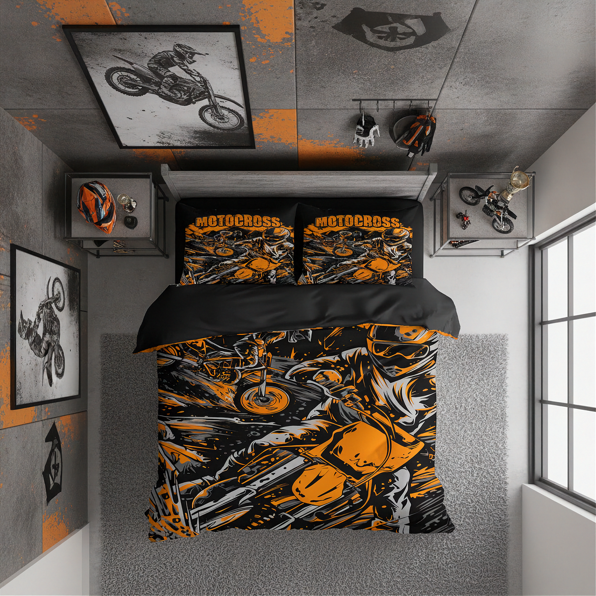 Motocross Bedding Set | Bold Orange MX Design | Dirt Bike Bedroom Decor | RIIMB