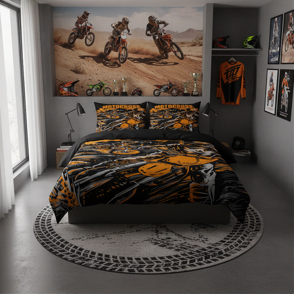 Motocross Bedding Set | Bold Orange MX Design | Dirt Bike Bedroom Decor | RIIMB