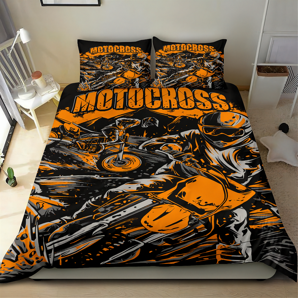 Motocross Bedding Set | Bold Orange MX Design | Dirt Bike Bedroom Decor | RIIMB
