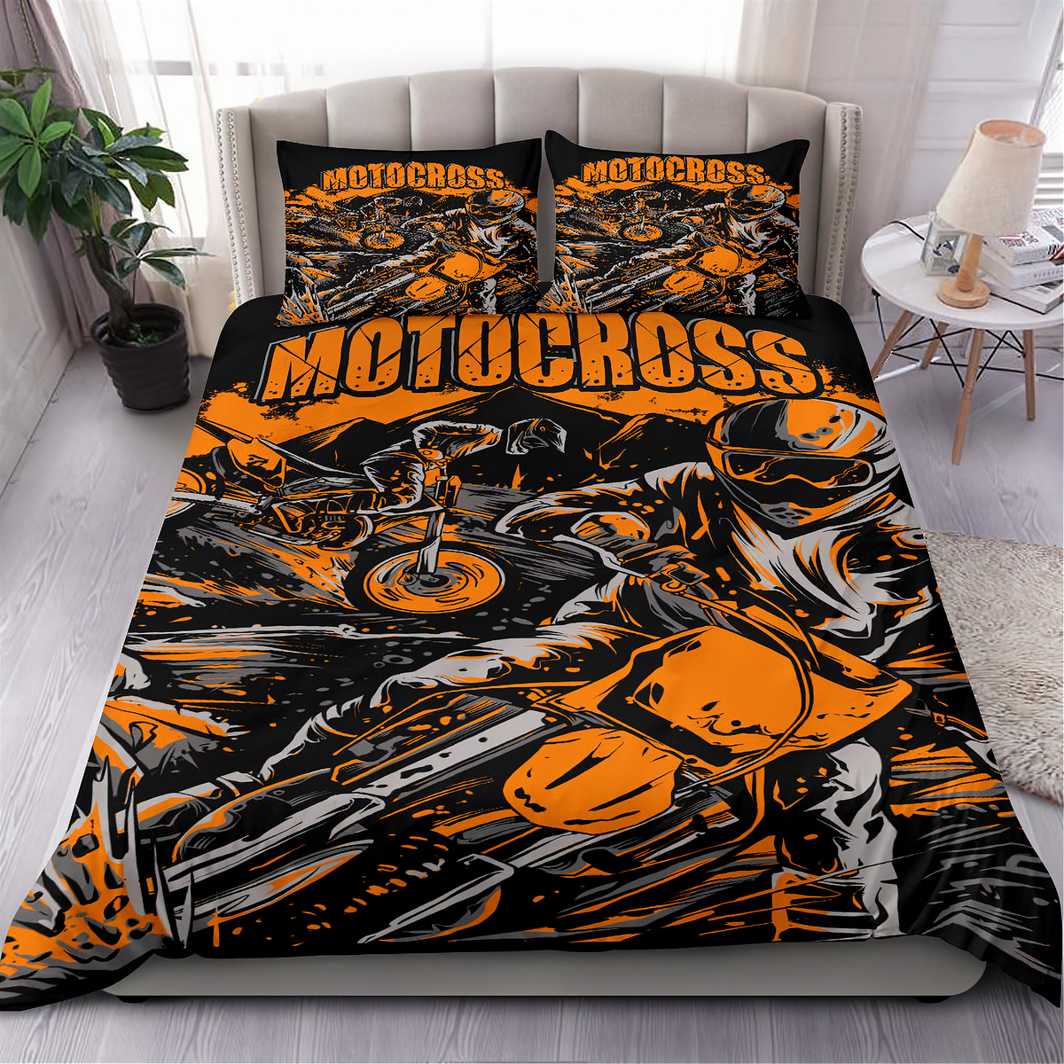 Motocross Bedding Set | Bold Orange MX Design | Dirt Bike Bedroom Decor | RIIMB