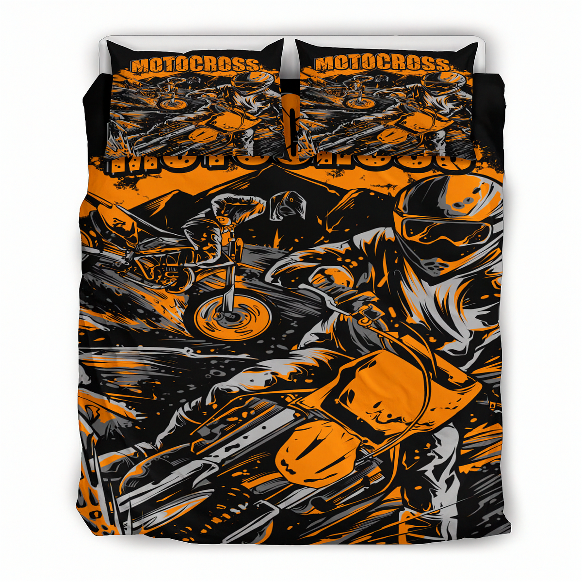 A motocross-themed bedding set featuring a duvet cover and two matching pillowcases with a bold graphic print of riders on bikes in orange, black, and gray.
