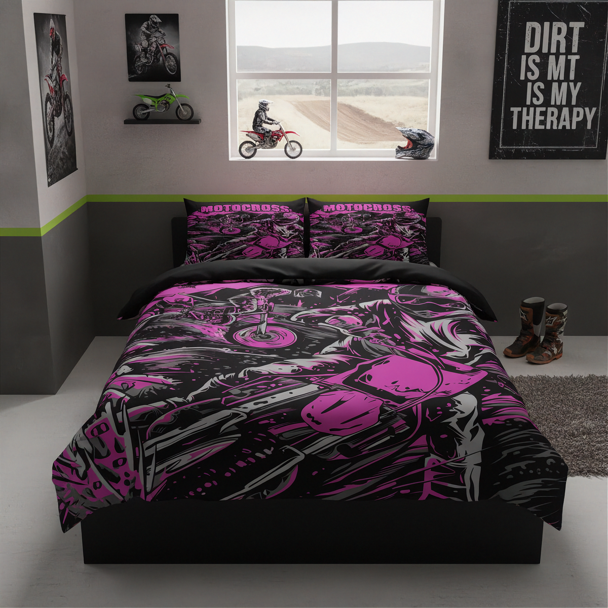 A bed dressed in a black and bright pink motocross-themed bedding set, shown in a styled bedroom with motocross wall art, a window, and boots on the floor.