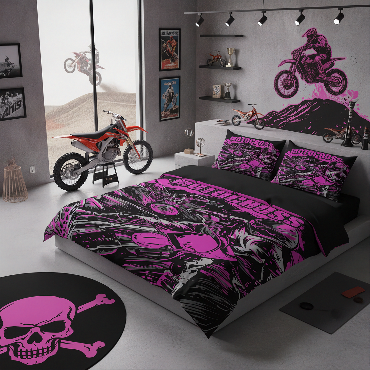 A motocross-themed bedding set displayed on a bed in a modern, dark-themed bedroom. The bedding features a vibrant pink and black graphic print with the text 'MOTOCROSS' and a skull-and-crossbones design on the matching floor rug.