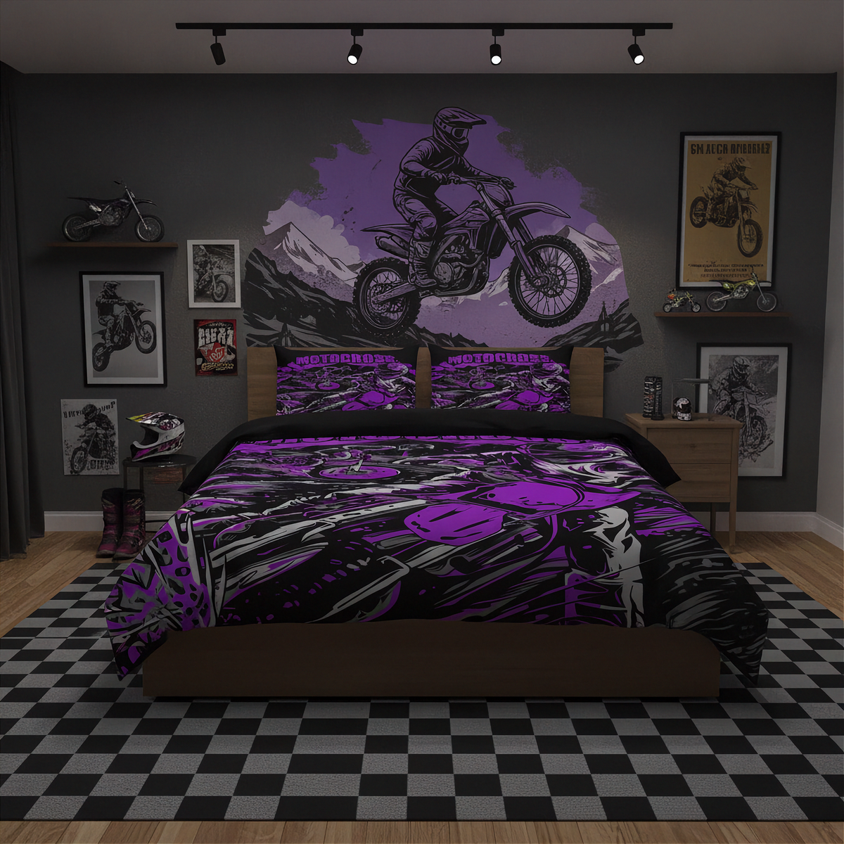 A motorcycle-themed bedding set with a duvet cover and two pillowcases in black and purple, styled on a bed in a dark gray bedroom with motocross wall art, framed prints, and a black-and-white checkered floor.