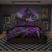 A motorcycle-themed bedding set with a duvet cover and two pillowcases in black and purple, styled on a bed in a dark gray bedroom with motocross wall art, framed prints, and a black-and-white checkered floor.