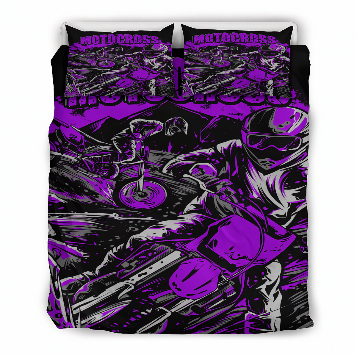A bedding set featuring a duvet cover and two pillowcases with a high-contrast graphic print of motocross riders in purple, black, and white, with the word 'MOTOCROSS' printed across the top.