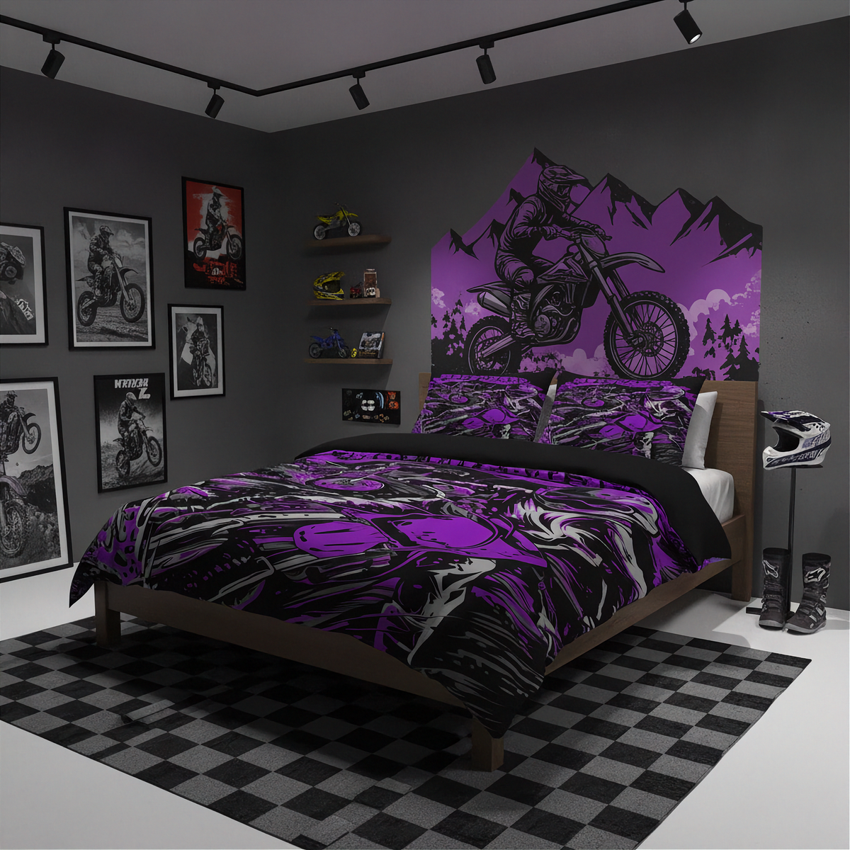 A styled bedroom featuring a bed dressed in a black and purple motocross-themed bedding set, with a matching purple mountain-and-dirt-rider wall decal on the dark gray wall behind it. The room also includes framed motorcycle posters, wall shelves with small toy vehicles, a black-and-white checkered rug, and a helmet on a stand.