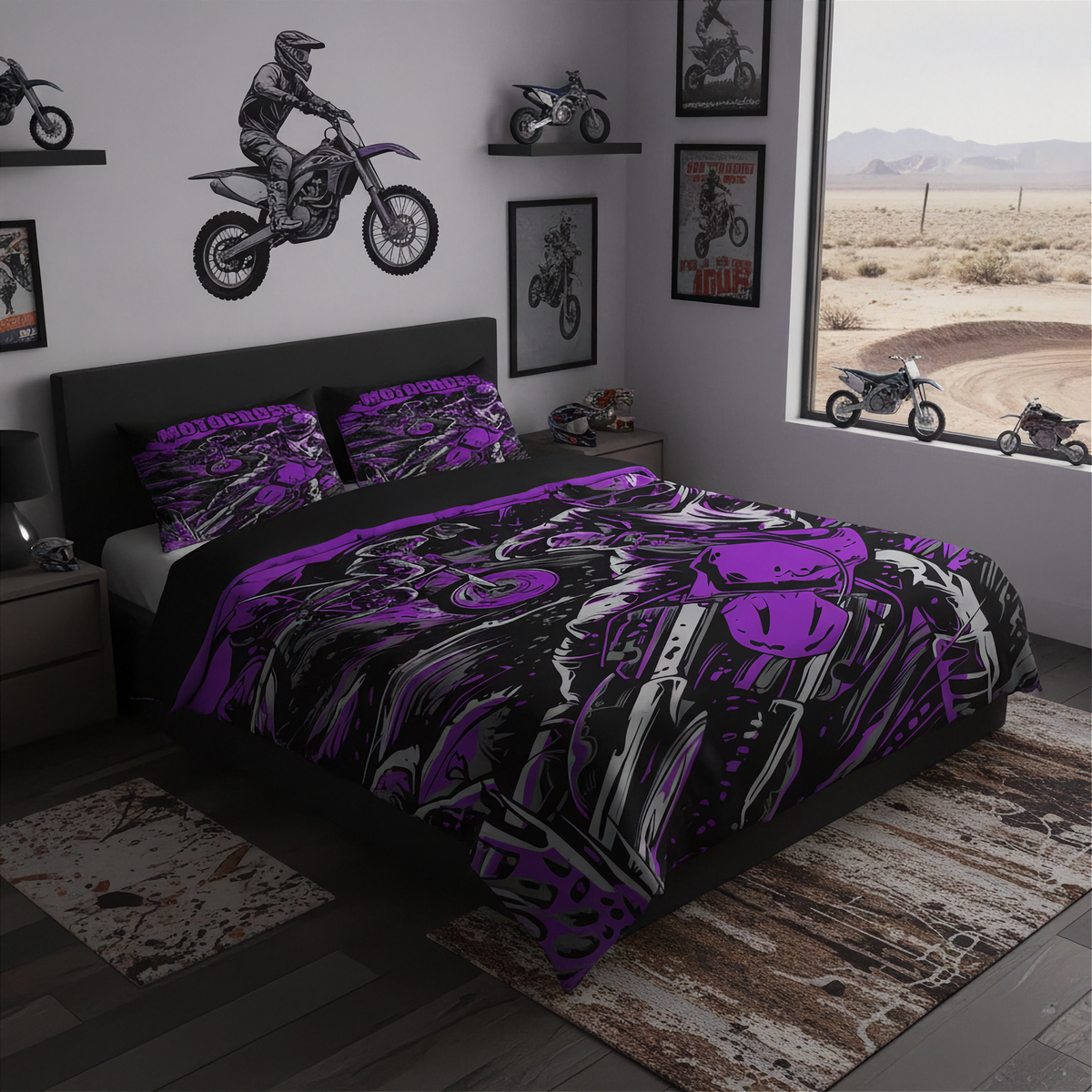 A bed dressed in a motocross-themed bedding set with a bold purple, black, and white graphic print, styled in a modern bedroom with dirt bike wall decals and a window view of a desert track.