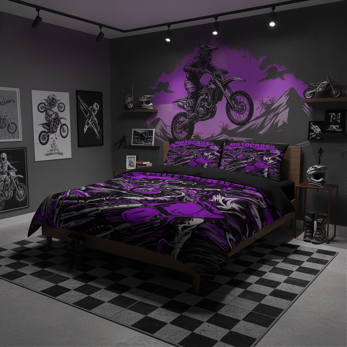 A racing-themed bedding set displayed on a bed in a modern gray boy's bedroom. The comforter and matching pillowcases feature a black and white checkered finish line pattern with a prominent orange race car graphic.