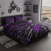 A drag racing themed bedding set displayed on a bed in a dark, modern bedroom. The set includes a duvet cover and two matching pillowcases, featuring a black background with a purple and white 'MOTOCROSS