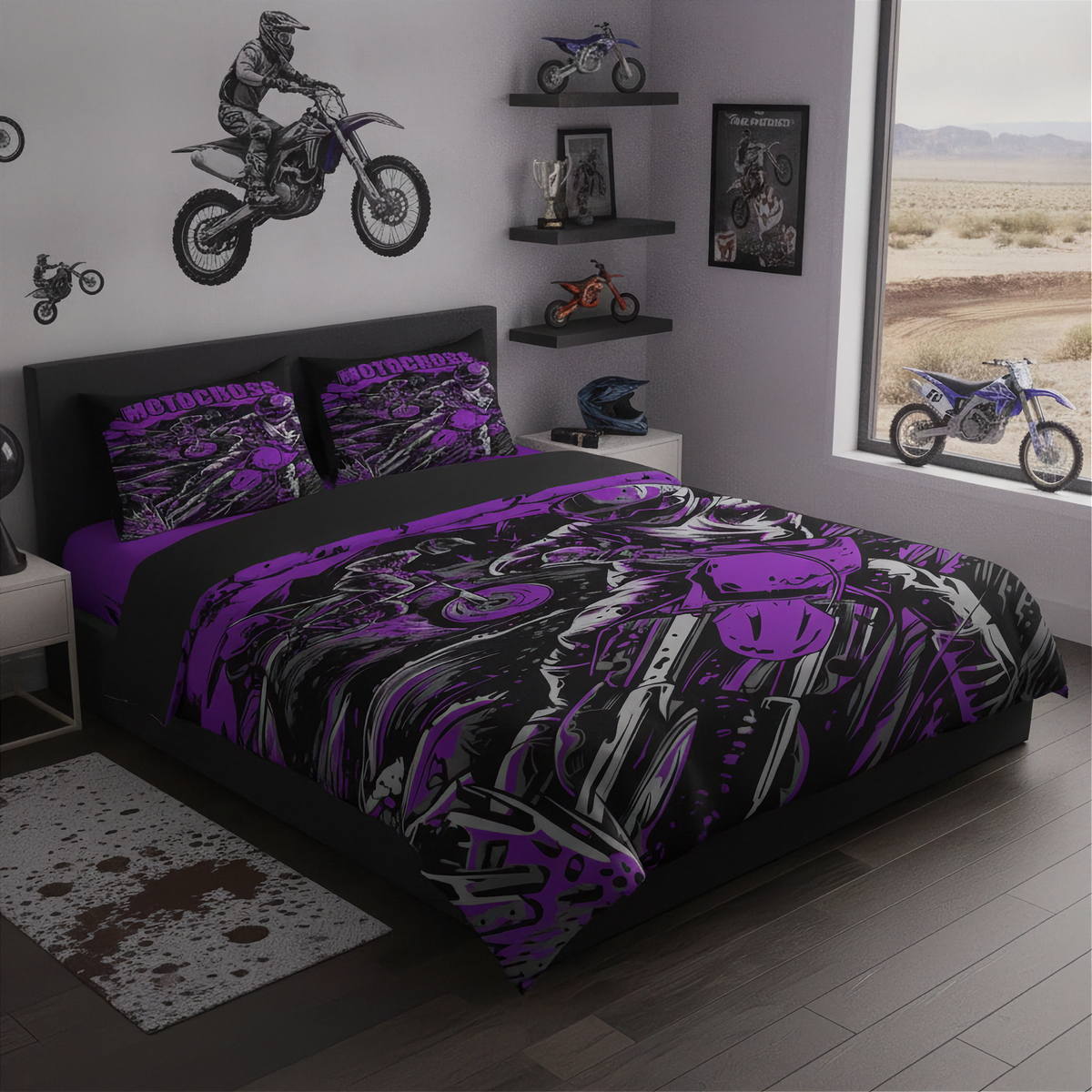 A drag racing themed bedding set displayed on a bed in a dark, modern bedroom. The set includes a duvet cover and two matching pillowcases, featuring a black background with a purple and white 'MOTOCROSS