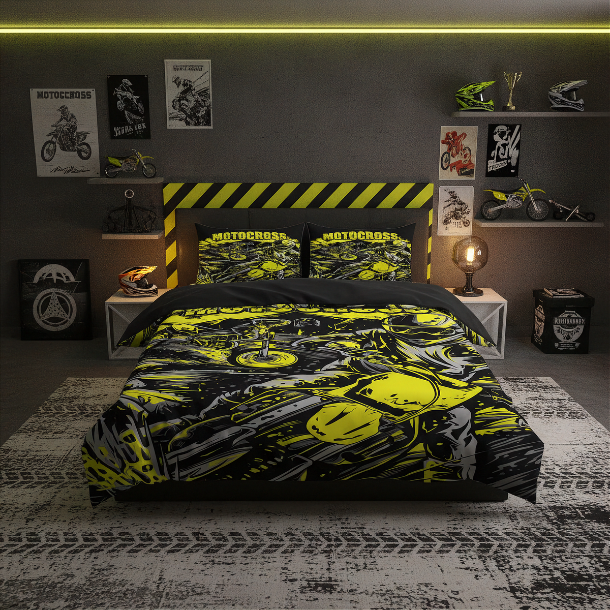 A motorcycle-themed bedding set featuring a duvet cover and two pillowcases with a bold yellow and black graphic print of a motorcycle, styled in a dark gray themed bedroom with motorcycle posters, shelves, and a headboard.