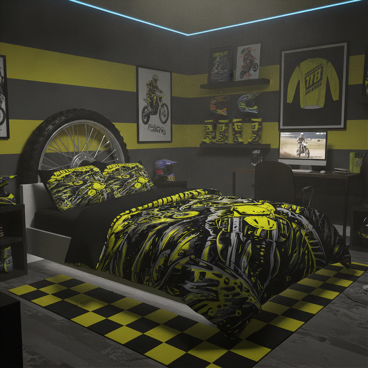 A styled bedroom featuring a motocross-themed bedding set with a black and neon yellow graphic duvet cover and matching pillowcases. The room has a dark gray and yellow striped wall, a bicycle wheel headboard, and motocross posters.