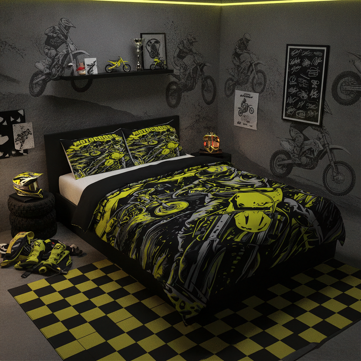 A styled bedroom featuring a bed dressed in a black and neon yellow motocross-themed bedding set, with matching pillows, a checkered floor rug, wall decals, and a shelf with small decor items.