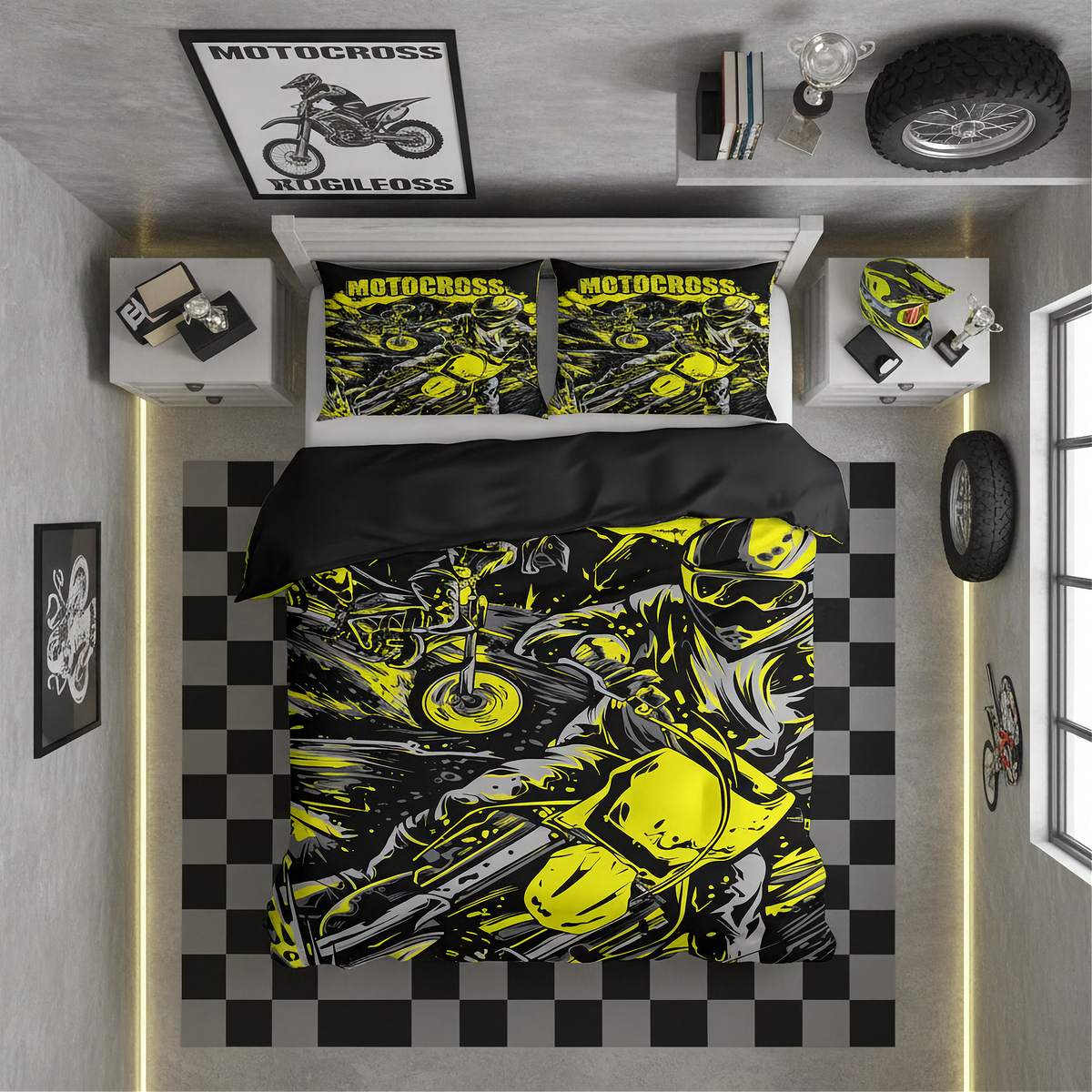 A top-down bedroom mockup showing a bed styled with a motocross-themed bedding set. The duvet cover and two matching pillowcases feature a high-contrast graphic print of a motorcycle racer in bright neon yellow and black.