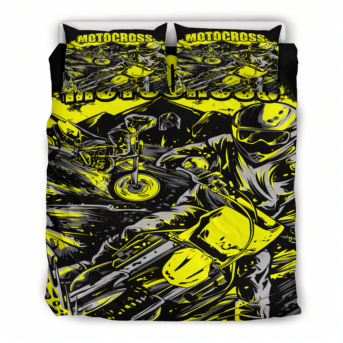 A motocross-themed bedding set featuring a duvet cover and two matching pillowcases with a high-contrast graphic print in neon yellow, black, and gray showing a rider and motorcycle.