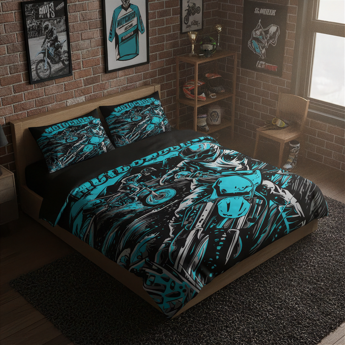 Motocross Bedding Set | Carolina Blue MX Design | Dirt Bike Bedroom Decor | RIIMB