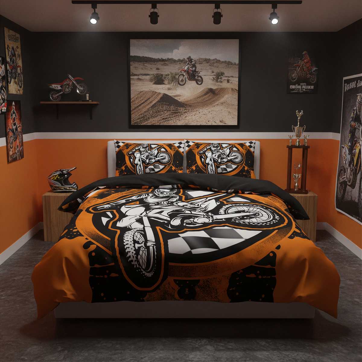 A bed dressed in an orange, black, and white motocross-themed bedding set, styled in a modern bedroom with orange and dark gray walls, a dirt bike poster, and a trophy stand.