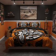 A bed dressed in an orange, black, and white motocross-themed bedding set, styled in a modern bedroom with orange and dark gray walls, a dirt bike poster, and a trophy stand.