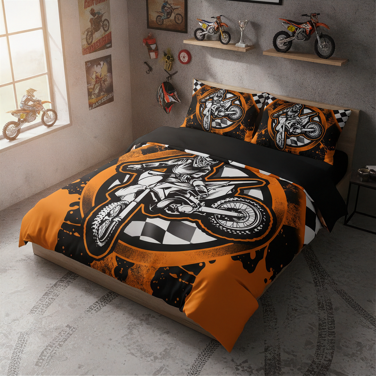 A bed dressed in an orange, black, and white motocross-themed bedding set, shown in a styled bedroom with motorcycle decor, wall shelves, and a window.