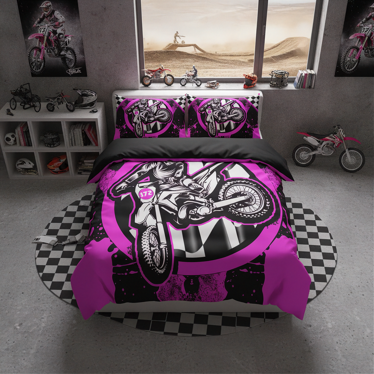 A motocross-themed bedding set featuring a bold graphic print of a rider on a dirt bike in black, white, and bright pink, styled on a bed in a modern, industrial-style bedroom.