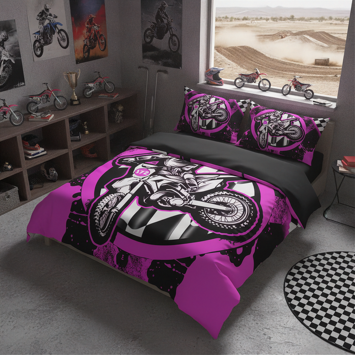 A bed dressed in a motocross-themed bedding set with a large black, white, and bright pink motorcycle graphic, shown in a styled bedroom with motocross posters, shelves, and toy bikes near a window.